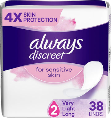 Always Discreet For Sensitive Skin Liners Light Long Absorbency, Four Times Skin Protection, Soft, Dermatologically Tested, Fragrance-Free, 38 Count (Pack Of 3)