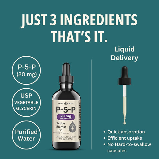 P5P Liquid Drops – Activated Vitamin B6 (Pyridoxal-5-Phosphate) – Fast Absorption Formula – Nervous System & Energy Support – 2 Oz (60 Ml)