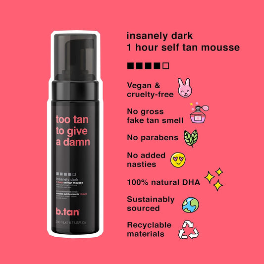 b.tan Insanely Dark Self Tanner Kit | Too Tan Bundle - Self Tanner Mousse w/Mitt Applicator, 1hr Sunless Tanner, Fast, No Fake Tan Smell, No Added Nasties, Vegan, Cruelty Free, 6.7 Fl Oz