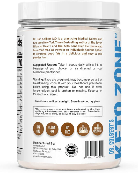 Dr. Colbert Md Mct Oil Powder | Hazelnut Flavor | By Divine Health | Recommended In The Keto Zone Diet Book | 70% C8 | 30% C10 | 0 Net Carbs | Alternative To Coffee Creamer | 315G