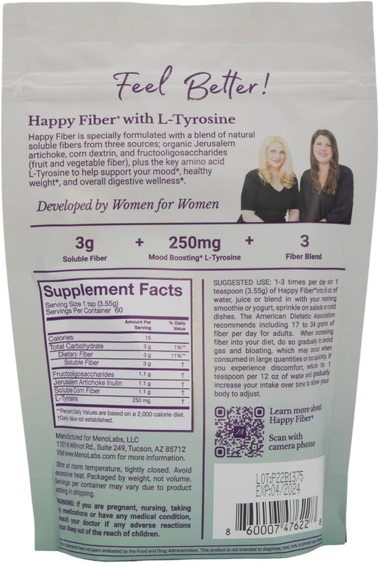 Menolabs Happy Fiber Doctor-Formulated Triple Fiber Supplement For Women With L-Tyrosine - Menofit Probiotic Enhancer, Metabolism Support - Digestion & Mood Balance (7.5 Oz Bag)