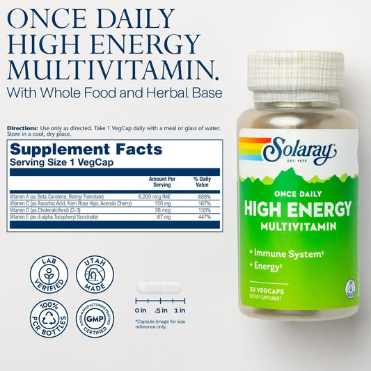 Solaray Once Daily High Energy Multivitamin For Women And Men - Energy Supplements - Immune Support W/Vitamin C, A, D And E, Vitamin B Complex, Trace Minerals, 60-Day Guarantee, 30 Serv, 30 Vegcaps