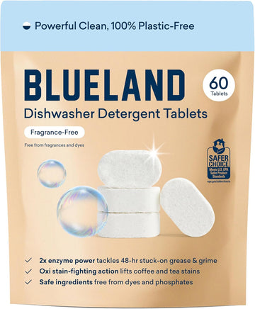 Blueland 100% Plastic-Free Dishwasher Detergent Tablets, Starter Set, 60 Count With Tin, Unscented Eco Friendly Dishwashing Pods, Natural, Sustainable