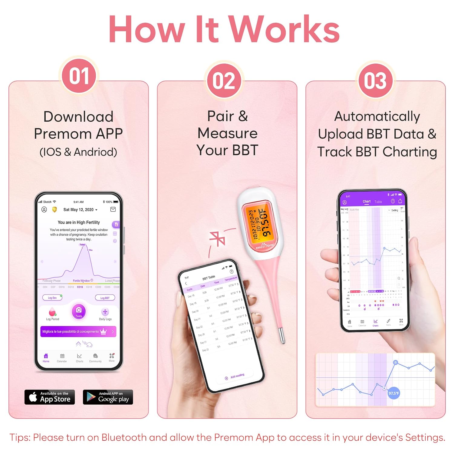 Easy@Home Smart Basal Thermometer, Large Screen and Backlit, FSA Eligible, Period Tracker with Premom(iOS & Android) - Auto BBT Sync, Charting, Coverline & Accurate Fertility Prediction EBT-300 : Health & Household