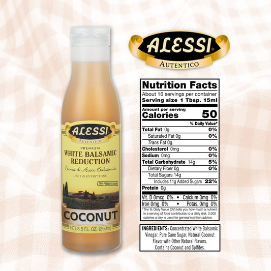 Alessi Balsamic Vinegar Reduction, Autentico From Italy, Ideal On Caprese Salad, Fruits, Cheeses, Meats, Marinades, Coconut (Coconut Balsamic, 8.5 Fl Oz (Pack Of 1))