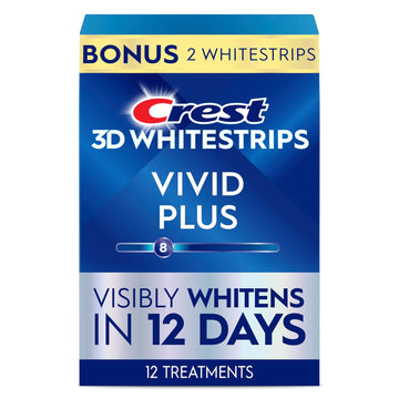 Crest 3D Whitestrips Vivid Plus, Teeth Whitening Strip Kit, 10 Treatments + 2 Bonus Treatments (Each With 1 Upper/1 Lower Strip), 24 Strips, 8 Levels Whiter, Teeth Whitening Kit