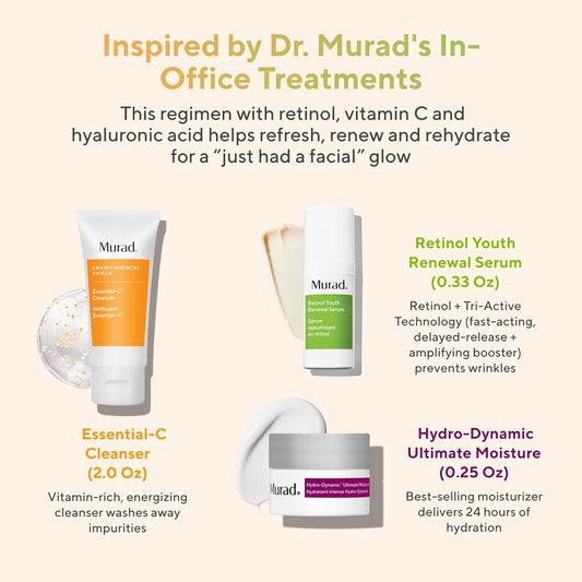 Murad Top 3 Derm-Recommended Actives - 3-Piece Trial Kit (61 Value) - Daily Skincare Regimen - Ess-C Cleanser 2Fl Oz, Retinol Serum 0.33Fl Oz, Hydro Dynamic Moisturizer 0.25Fl Oz