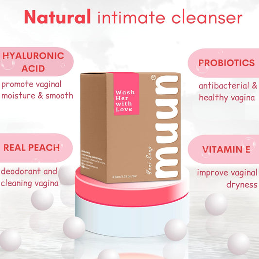 Muun Strawberry Yoni Soap Bar - Pack 3 Ph Balancing Cleanser - Probiotics & Natural Ingredients - Gentle Cleansing Formula Eliminates Odor Vaginal Health - Feminine Wash - Moisturizing Intimate