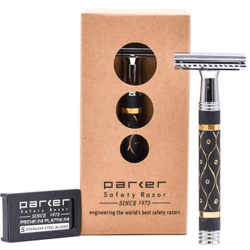 Parker 65R Super Heavyweight Double-Edge Safety Razor – Sandstone-Textured Brass Handle, Chrome-Plated Frame – Heavyweight 4" Grip For Precise Control – Includes 5 Premium De Blades