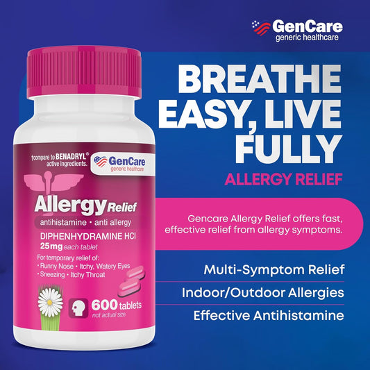 Gencare Allergy Relief Medicine – Bulk Value 1000 Count Diphenhydramine 25Mg – Antihistamines For Adults For Congestion, Sneezing, Runny Nose, Itchy Eyes & Throat – Pink