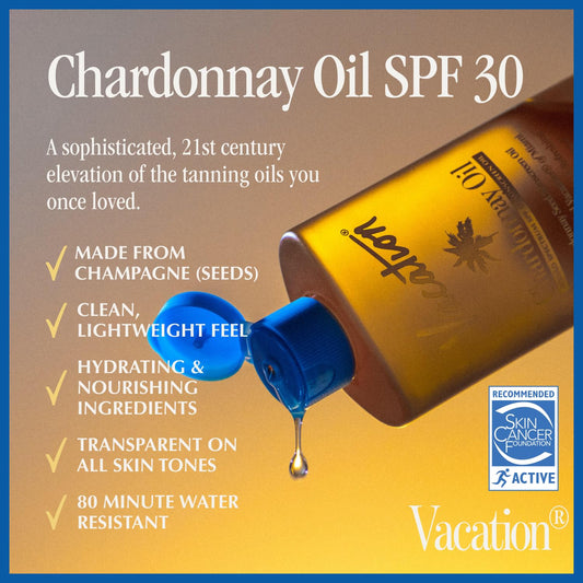 Vacation Chardonnay Oil Spf 30 & Air Freshener Bundle, Hydrating & Nourishing, Lightweight, Transparent On All Skin Tones, Water-Resistant, Travel Size Sunscreen, 3.4 Fl. Oz