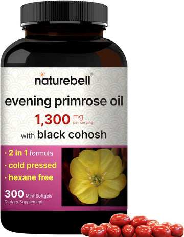 Naturebell Evening Primrose Oil With Black Cohosh, 1,300Mg Per Serving, 300 Mini-Softgels | Cold Pressed Seeds, Retains 130Mg Gla For Womens Health & Skin Care Support β Hexane Free, Non-Gmo