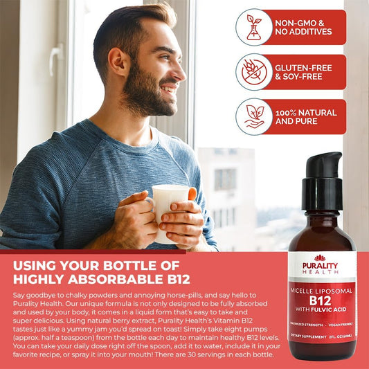 Micelle Liposomal Liquid Vitamin B12 With Fulvic Acid, 2500 Mcg. Combined Methylcobalamin With Organic Glycerin Extract Maximum Absorption, Energy Boost, Vegan Friendly