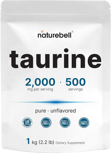 Naturebell Pure Taurine Powder, 2.2Lbs(1Kg), 2000Mg Per Serving| L-Taurine Supplement, Essential Amino Acids, Bioavailable Free Form|Heart Health Supplement, Gluten-Free, Pet Friendly