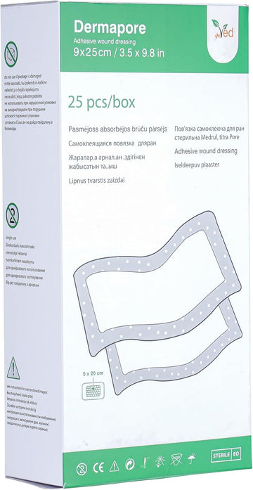 Ved Dermapore Adhesive Wound Dressing- Suitable For Cuts And Grazes, Diabetic Leg Ulcers, Venous Leg Ulcers, Small Pressure Sores- Medium, 9 X 25 Cm (Pack Of 25)