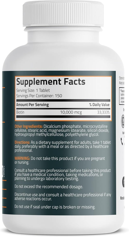 Bronson Biotin 10,000Mcg, Supports Healthy Hair, Skin And Nails, Vegetarian, Non-Gmo, 150 Tablets