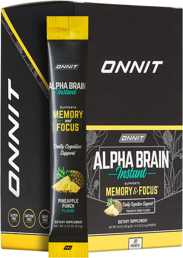 Onnit Alpha Brain Instant - Pineapple Punch Flavor - Nootropic Brain Booster Memory Supplement - Brain Support For Focus, Energy & Clarity - Alpha Gpc Choline, Cats Claw, L-Theanine, Bacopa - 30Ct