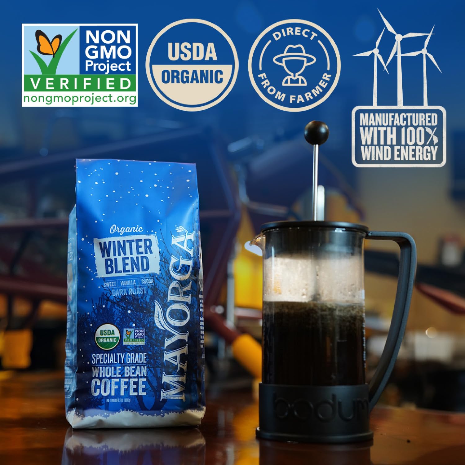 Mayorga Seasonal Dark Roast Coffee, 2 Lb Bag - Winter Blend Coffee Roast - 100% Arabica Whole Coffee Beans - Bold & Smooth Organic Coffee - Specialty Grade, Non-Gmo, Direct Trade, Kosher