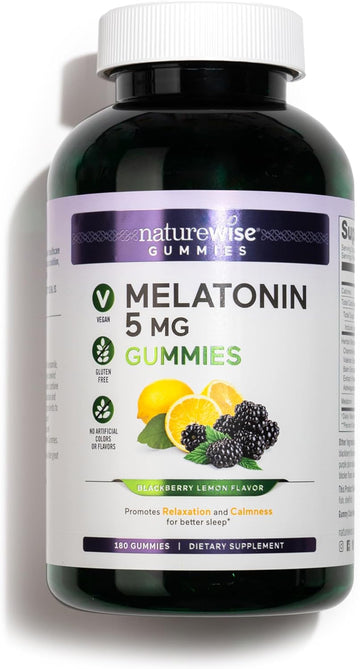 Naturewise Melatonin 5Mg + Sleep Blend Blackberry-Lemon Gummies With Chamomile, Valerian Root, Passion Flower, And Vegan Ashwagandha For Sleep And Stress Support 180 Gummies