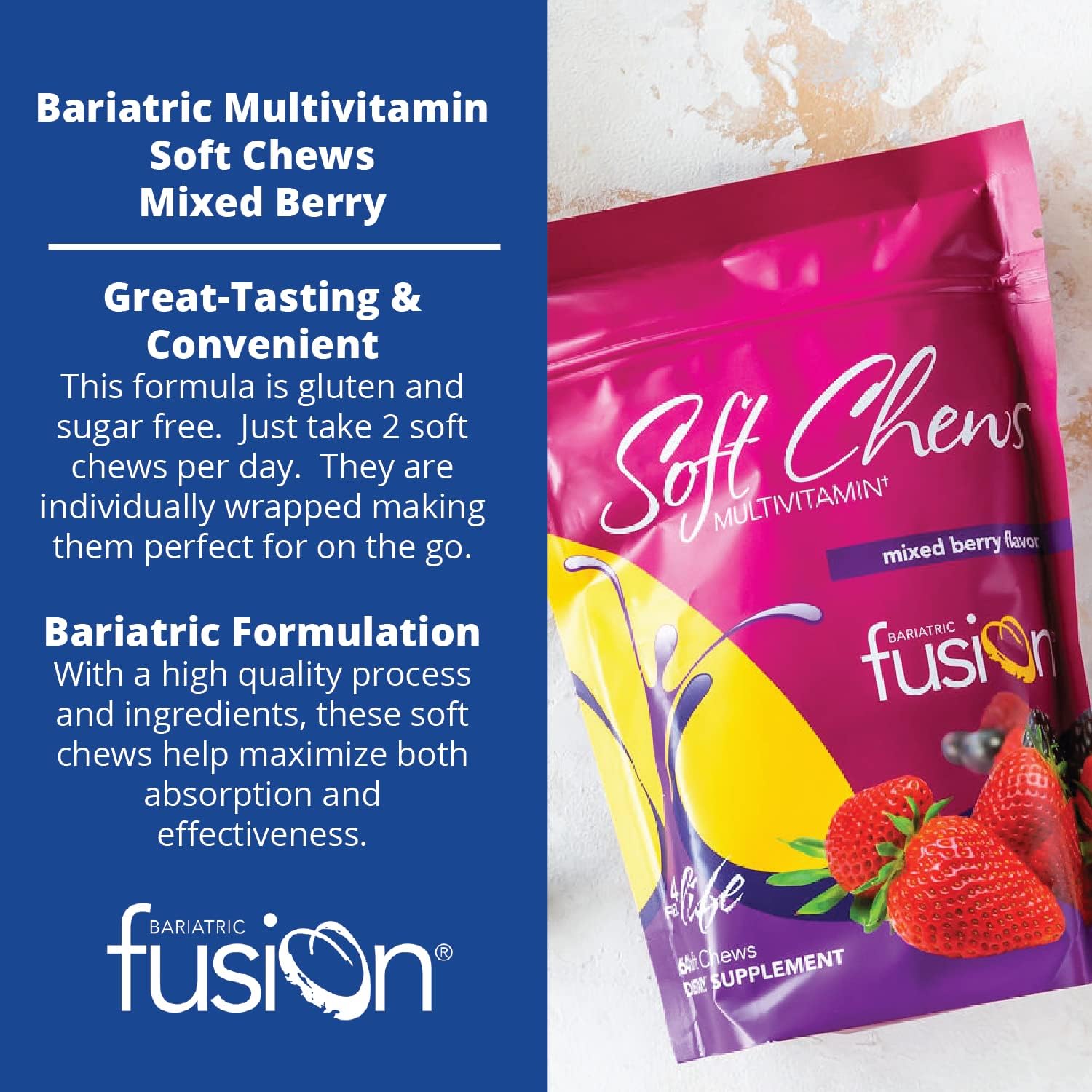 Bariatric Fusion Bariatric Multivitamin Soft Chew | Mixed Berry Fruit Flavor Chewy | Sugar Free Chewable Multivitamin Post Bariatric Surgery | Gastric Bypass And Sleeve | 60 Count | 1 Month Supply