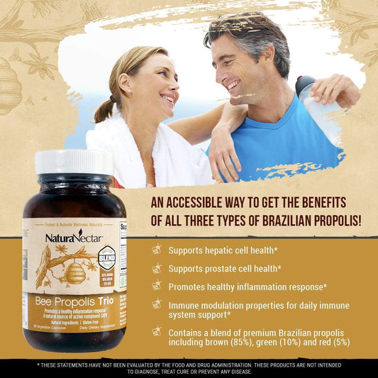 Naturanectar Trio Bee Propolis | Nsf Contents Certified | Premium Brazilian Propolis | Ethical Beekeeping & Naturally Sourced | 60 Capsules