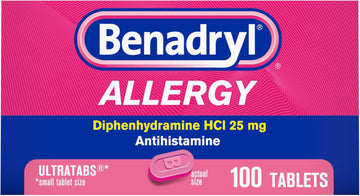 Benadryl Ultratabs Allergy Relief Medicine, 25 Mg Diphenhydramine Hcl Antihistamine Tablets For Relief Of Cold & Allergy Symptoms Like Sneezing, Runny Nose, & Itchy Eyes & Throat, 100 Ct