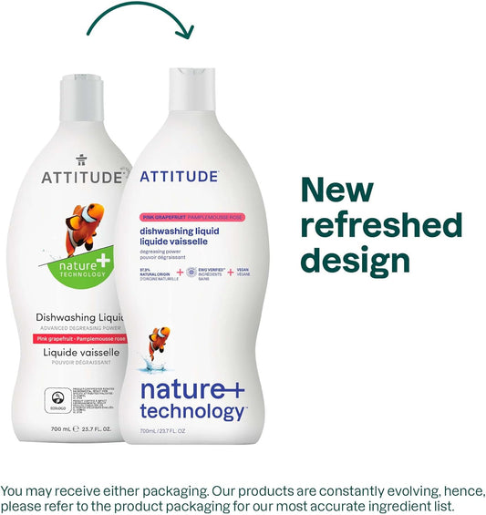 Attitude Dishwashing Liquid, Ewg Verified, Vegan Dish Soap, Plant Based, Naturally Derived Products, Pink Grapefruit, 23.7 Fl Oz (Pack Of 9)