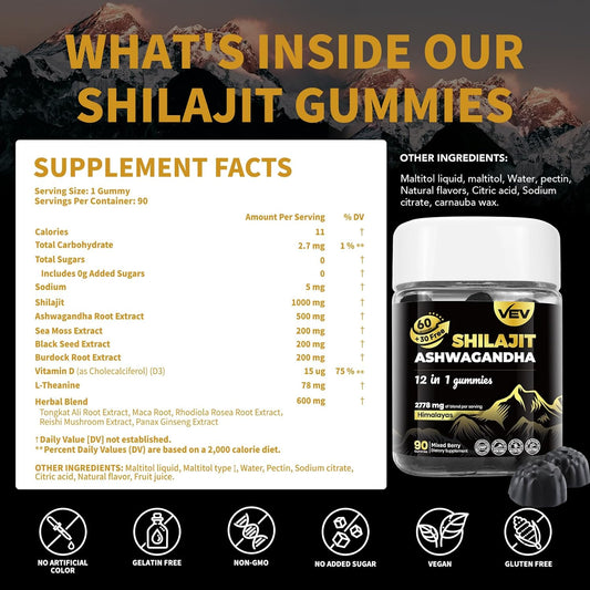 Vev Himalayan Shilajit Gummies For Men With Ashwagandha Gummies, Sea Moss, Black Seed, Vitamin D3, L-Theanine And More | Vegan | No Added Sugar | 90 Chews For Daily Energy & Wellness