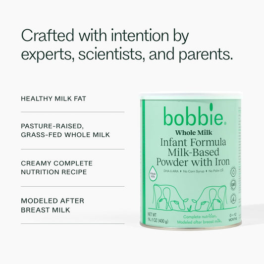 Bobbie Whole Milk, Grass Fed Infant Formula, Milk-Based Powder With Iron, Plant Based Dha & Ara, Vitamin D And Protein Blend Modeled After Breast Milk, Newborn To 12 Months Old, 14.1 Oz