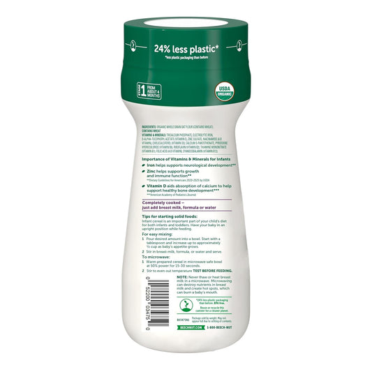 Beech-Nut Organic Baby Cereal, Oatmeal Cereal Stage 1 For Infants, 8 Oz Canister (6 Pack)