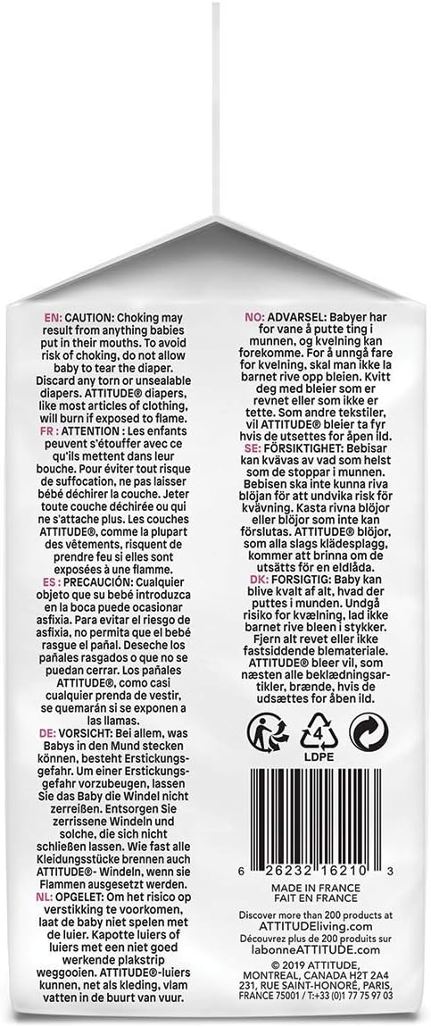 ATTITUDE Disposable Diapers for Sensitive Skin, Non-Toxic, Hypoallergenic, Chlorine-Free, Dye-Free & Lotion-Free Biodegradable Baby Diapers, Plain White (Unprinted), Size 0 (Up to 11 lbs), 28 Count