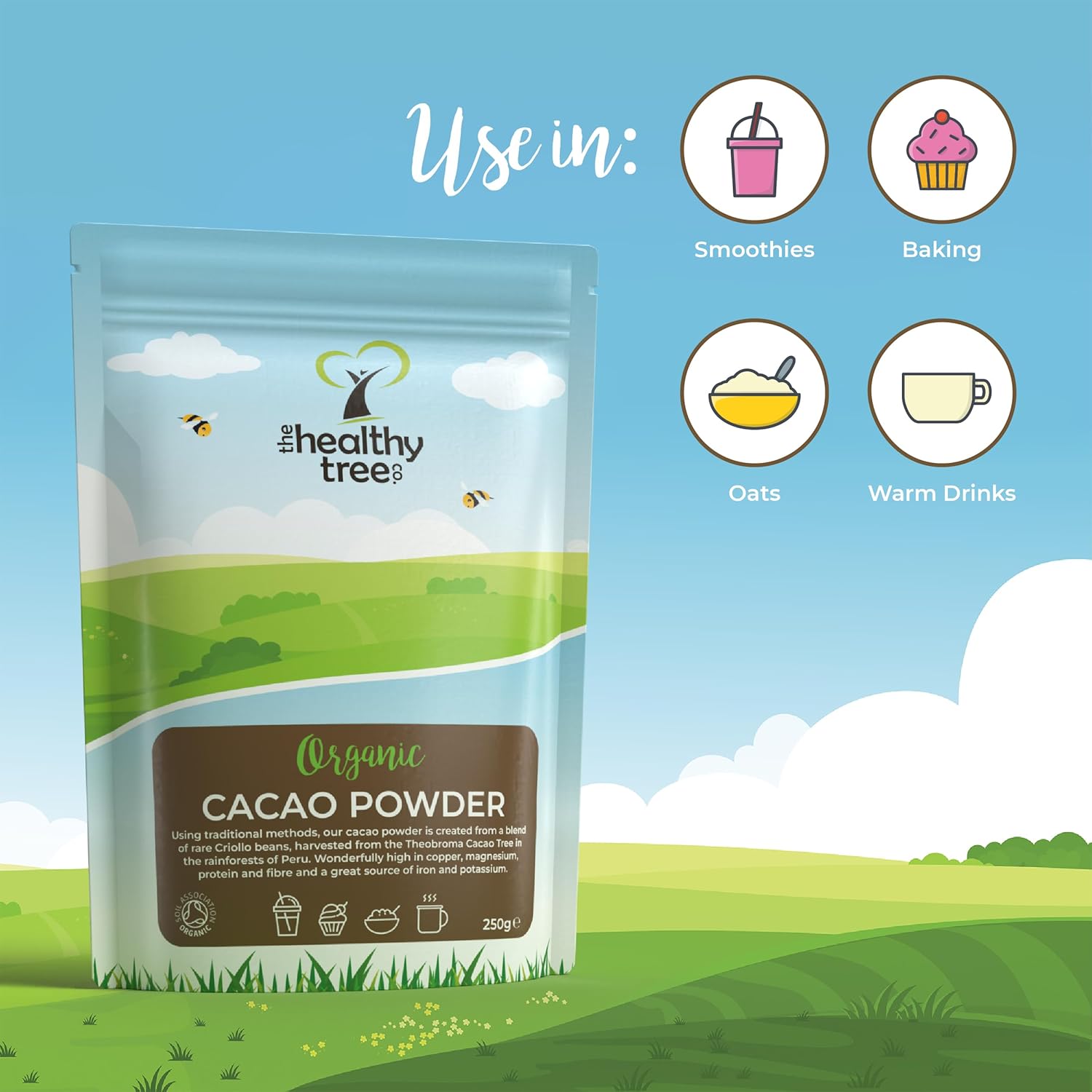Organic Raw Cacao Powder By Thehealthytree Company For Yoghurt, Smoothies & Baking - High In Protein, Magnesium, Fibre And Potassium - Sugar Free, Vegan Cacao Powder (250G)