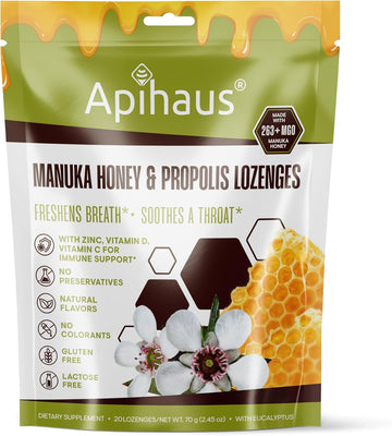 Manuka Honey And Propolis Lozenges Eucalyptus Flavor, Freshens Breath - Soothes A Throat- Immune Support With Vitamin C, Vitamin D And Zinc, 20 Count