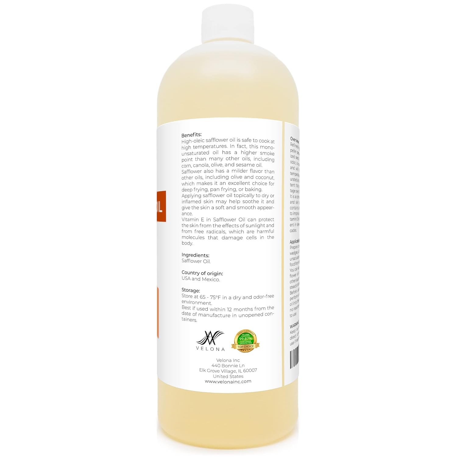 velona Safflower Oil 32 oz | 100% Pure and Natural Carrier Oil | Refined, Expeller Pressed | Cooking, Skin, Hair, Body & Face Moisturizing | Use Today - Enjoy Results : Grocery & Gourmet Food