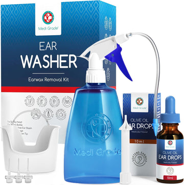 Medi Grade All-In-One Ear Wax Removal Kit With Large Capacity Bottle 300Ml And Olive Oil Ear Drops 10Ml - Safe Home Ear Cleaner - Reusable Ear Cleaning Kit With 2 Nozzles, 5 Tips & Ear Basin