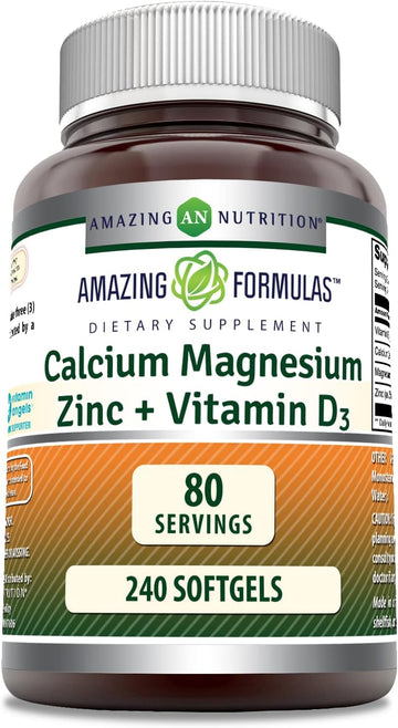 Amazing Formulas Calcium Magnesium Zinc D3 240 Softgels Supplement | Non-Gmo | Gluten Free (Pack Of 1)