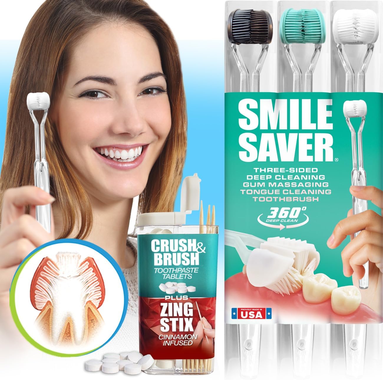 Smile Saver 360° Deep Clean 3-Sided Toothbrush 3Pk + Toothpaste Tablets + Flavor Infused Toothpicks | Deep Cleaning + Gum Massage + Tongue Scraper (Black, Teal & White - Charcoal - Peppermint) : Health & Household