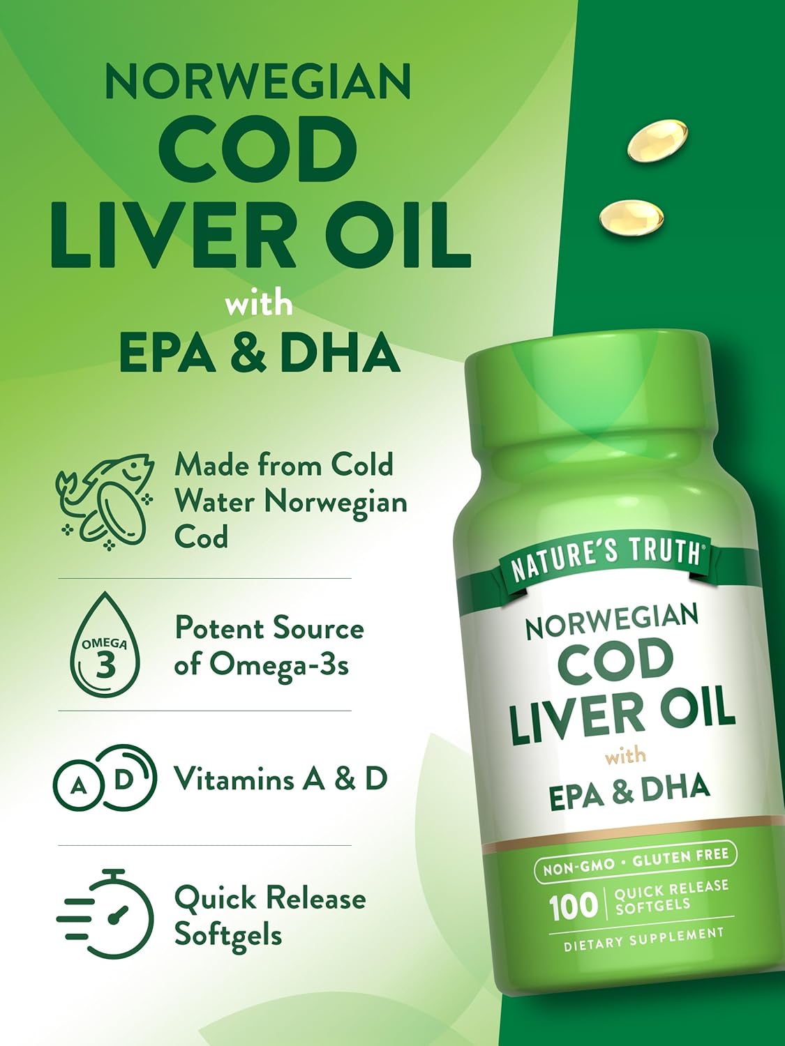 Nature's Truth Norwegian Cod Liver Oil | 100 Softgels | with EPA & DHA | Non-GMO, Gluten Free Supplement : Health & Household
