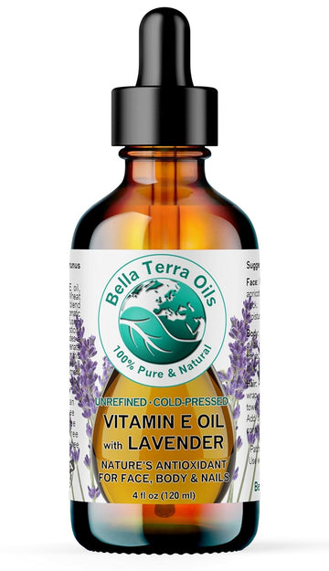 Bella Terra Oils - Lavender Infused Organic Vitamin E Oil 4 oz - D-Alpha Tocopherol Powerhouse, Extracted from Organic Wheat Germ, Lavishly Nourishing Organic Vitamin E for Luxurious Skin