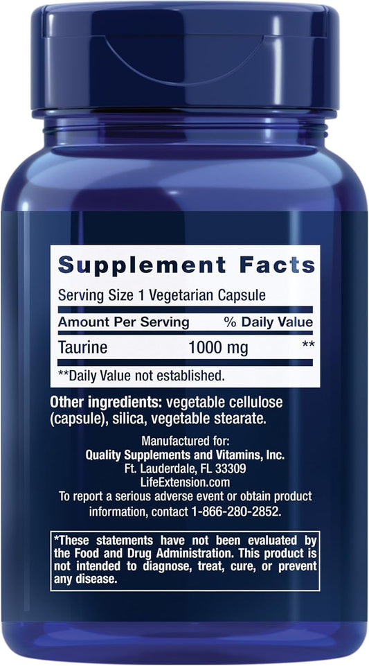Life Extension Taurine, Pure Taurine Amino Acid Supplement, Heart, Liver And Brain Health, Longevity, Muscle And Exercise, 1000 Mg Dose, Non-Gmo, Gluten-Free, Vegetarian, 90 Vegetarian Capsules