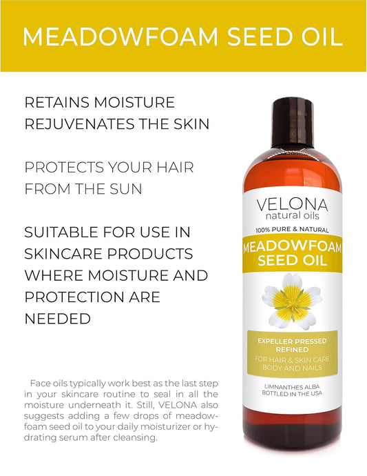 velona Meadowfoam Seed Oill 4 oz | 100% Pure and Natural Carrier Oil | Refined, Cold pressed | Cooking, Skin, Hair, Body & Face Moisturizing | Use Today - Enjoy Results