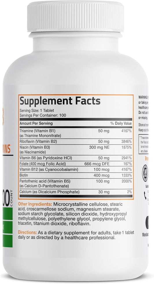 Bronson Vitamin B Complex (Vitamin B1, B2, B3, B6, B9 - Folic Acid, B12), 100 Tablets
