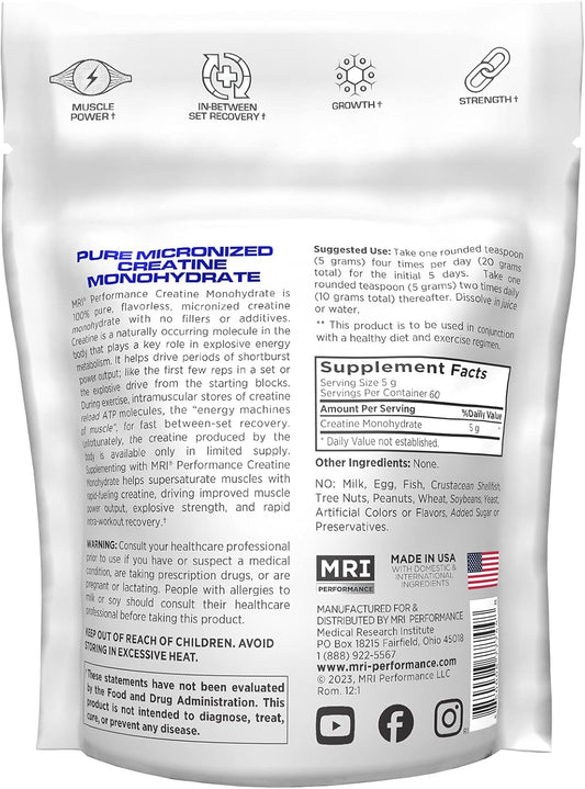 Mri Performance Creatine Monohydrate Powder 5G,100% Pure Micronized Creatine Supplement, Muscle Growth & Recovery, Build Muscle, Increase Strength, Performance, Endurance, 300G, 60 Serv, Unflavored