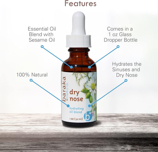 Dry Nose Nasal Moisturizer - Organic Essential Oils (Cardamom, Everlast, German & Roman Chamomile) In Sesame Oil Base - Hydrating Sinuses & Dry Nose - (1 Oz Dropper Bottle)