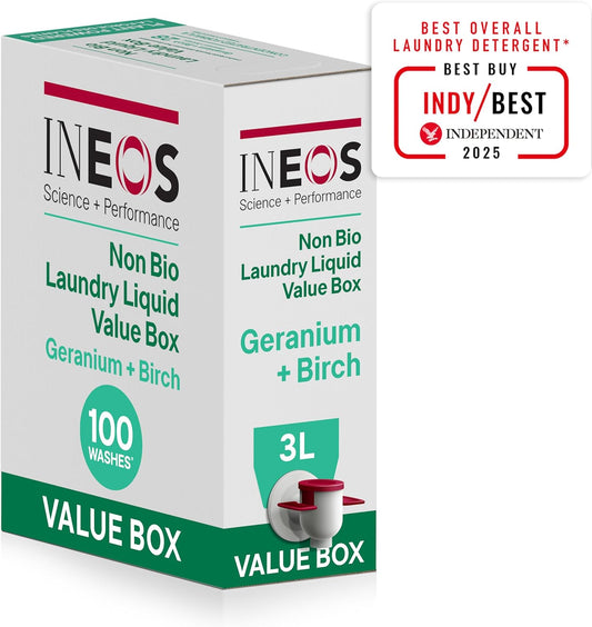 Ineos Next Gen Non Bio Laundry Washing Liquid Detergent, Stain Removal For Clothes, Plant Powered, Eco Value Box Geranium + Birch 3L, Stress Relieving Fragrance, Vegan, Cruelty Free