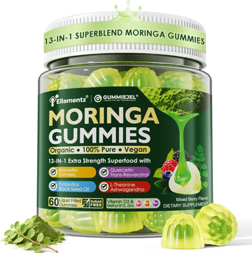 Moringa Gummies For Adults, 13-In-1 Extra Strength Green Superfood W/Vitamin B12 D3, Turmeric, Quercetin, Boswellia, Trans-Resveratrol, Ashwagandha For Energy, Antioxidant & Immune,Sugar-Free,60 Chews