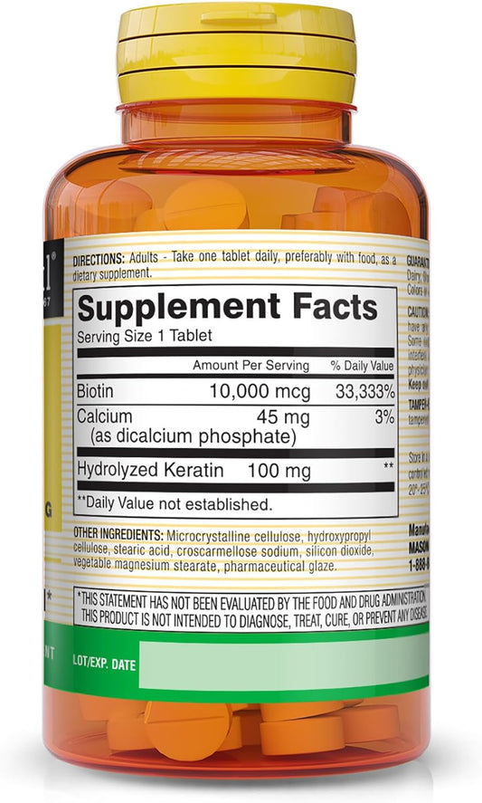 Mason Natural Biotin 10000 Mcg Plus Keratin 100 Mg With Calcium - Healthy Hair, Strong Nails And Glowing Skin, Premium Beauty Supplement, 60 Tablets