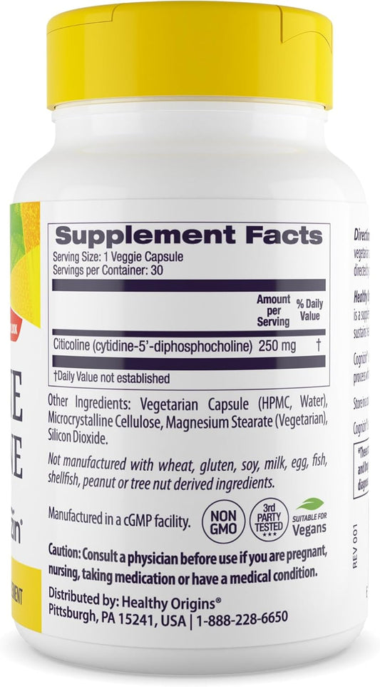 Healthy Origins Cognizin (Citicoline), 250 Mg - Brain Supplement For Memory With Citicoline Cdp Choline - Non-Gmo, Vegan & Gluten-Free Supplement - 60 Veggie Capsules