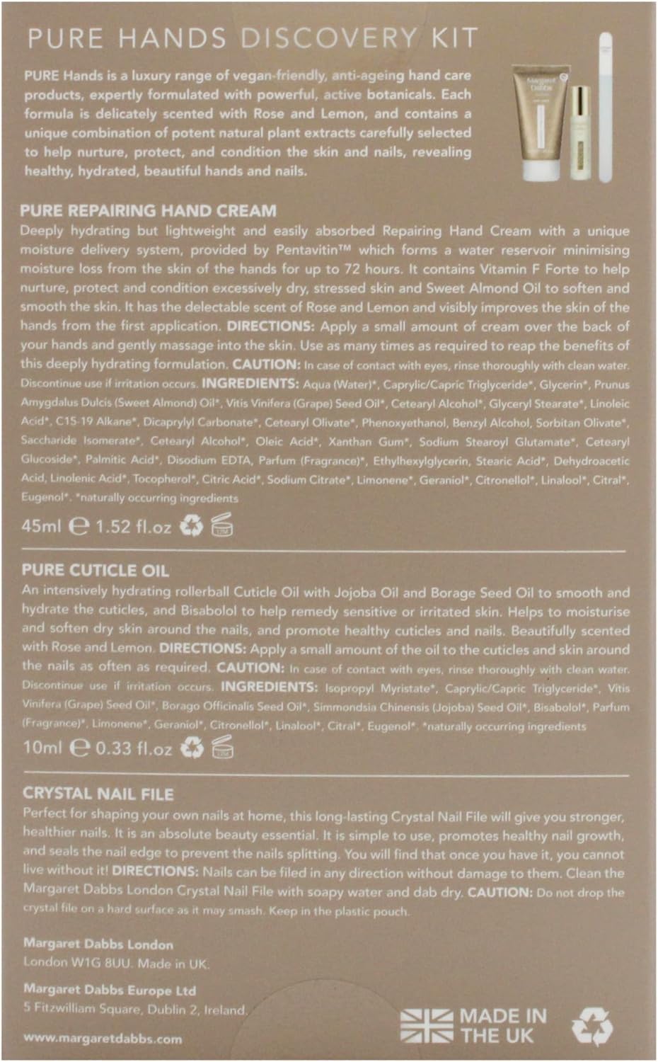 Margaret Dabbs Pure Hands Discovery Gift Set with 45ml Repairing Hand Cream, 10ml Cuticle Oil and Small Crystal Nail File : Amazon.co.uk: Beauty