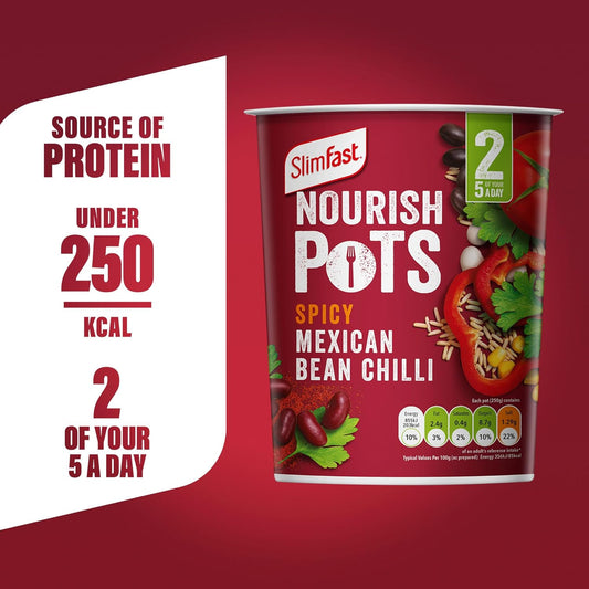 Slimfast Nourish Pot Spicy Mexican Bean Chilli, Ready Meal, Low In Sugar And Fat, Healthy Vegan Lunch, Source Of Protein, Instant Noodles Alternative, Multipack, 8 X 60 G